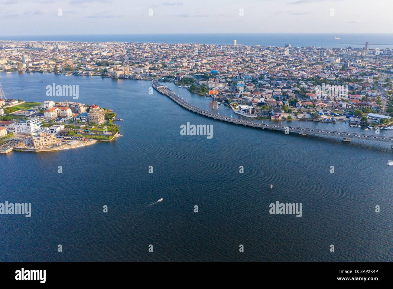 Aerial view of Lagos Lekki Ikoyi link bridge showing parts of Lekki and Banana Island, Nigeria. Stock Photo