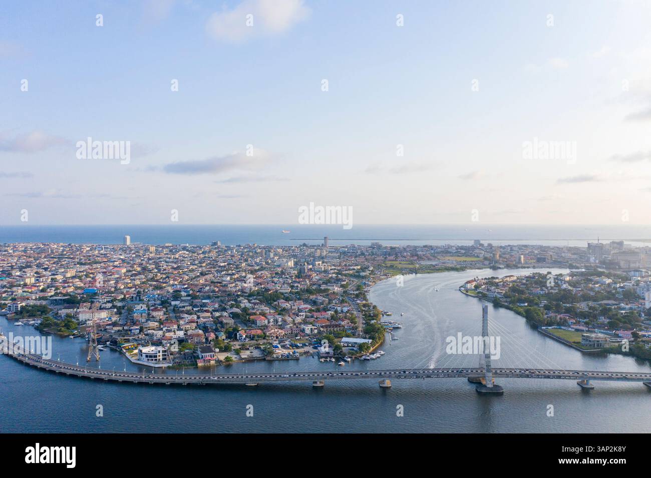 Aerial view of Lagos Lekki Ikoyi link bridge showing parts of Lekki and Ikoyi, Nigeria. Stock Photo