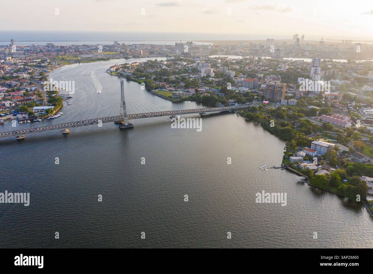 Aerial view of Lagos Lekki Ikoyi link bridge showing parts of Lekki, Ikoyi and Banana Island, Nigeria. Stock Photo