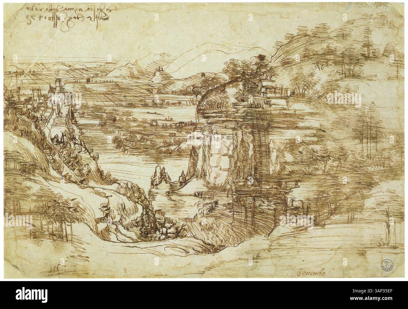 LEONARDO DA VINCI. ARNO LANDSCAPE. 1473. PEN AND INK OVER A PARTIALLY ...