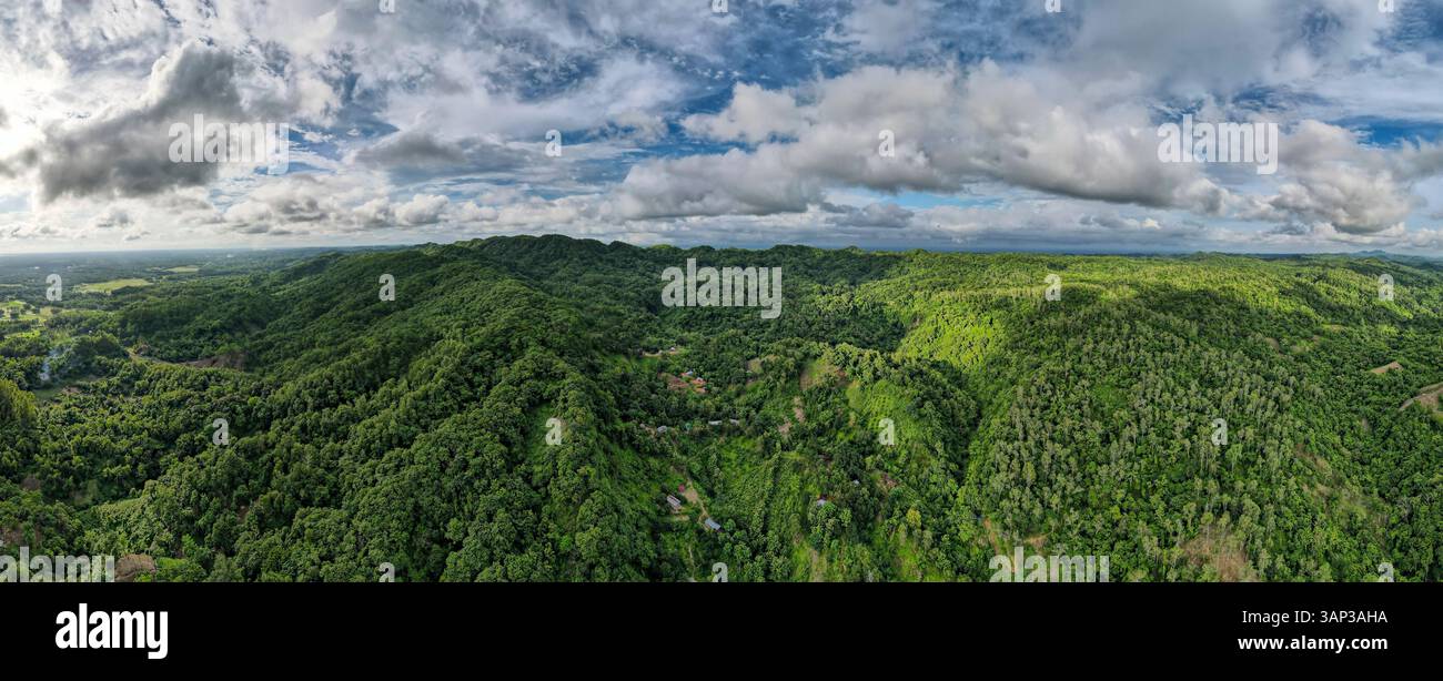 Aerial view of lush green hills and tranquil forests under a cloudy sky ...