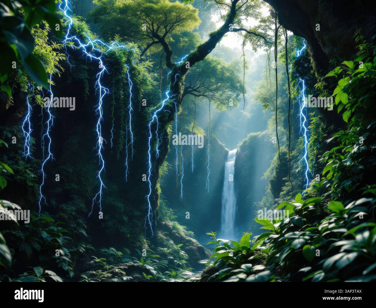 A mystical rainforest scene featuring a waterfall cascading down mossy ...