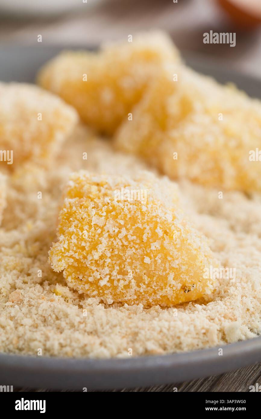 Raw breaded fish pieces on a plate with breadcrumbs (Selective Focus, Focus on the front of the fish chunk in the middle) Stock Photo
