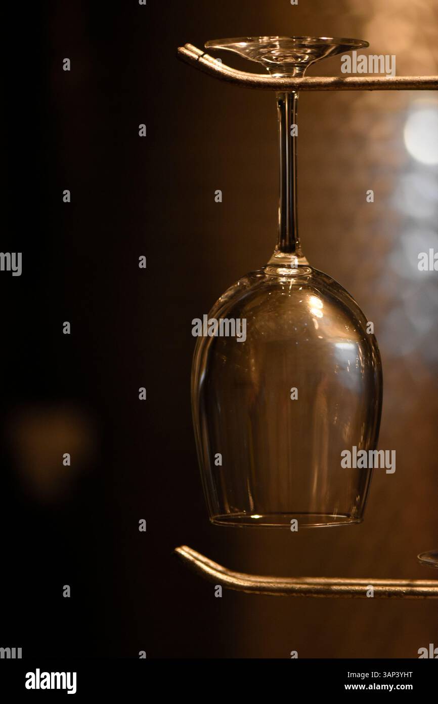 An empty wine glass in a winery basement. Stock Photo