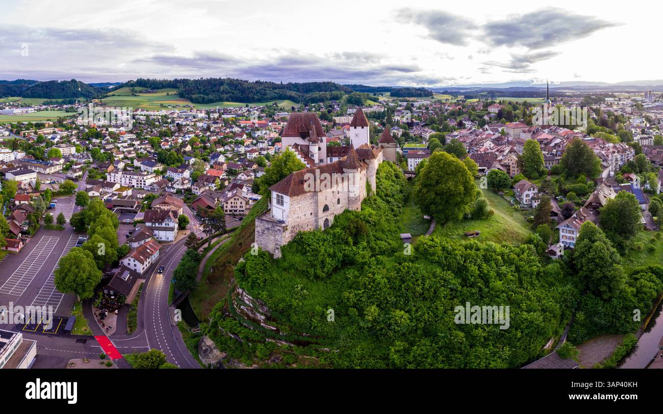 Aerial View Of Historic Castle Burgdorf Surrounded By Village Trees aerial-view-of-historic-castle-burgdorf-surrounded-by-village-trees