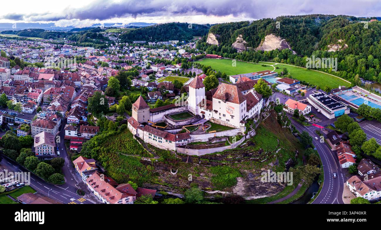 Aerial View Of Medieval Castle And Town With River Burgdorf aerial-view-of-medieval-castle-and-town-with-river-burgdorf