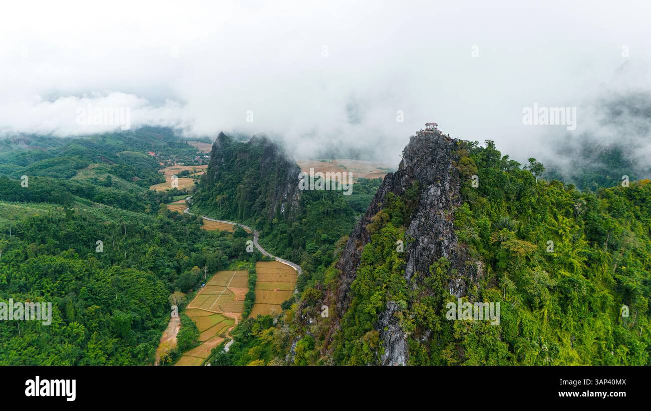 Aerial drone view of Nam Xay viewpoint, highlight panoramic view of ...