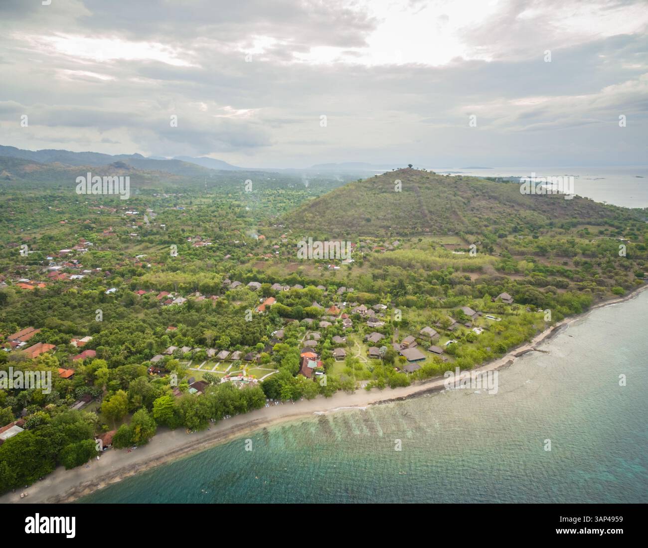 Aerial panoramic view of coastal Gerokgak district, Bali. Stock Photo