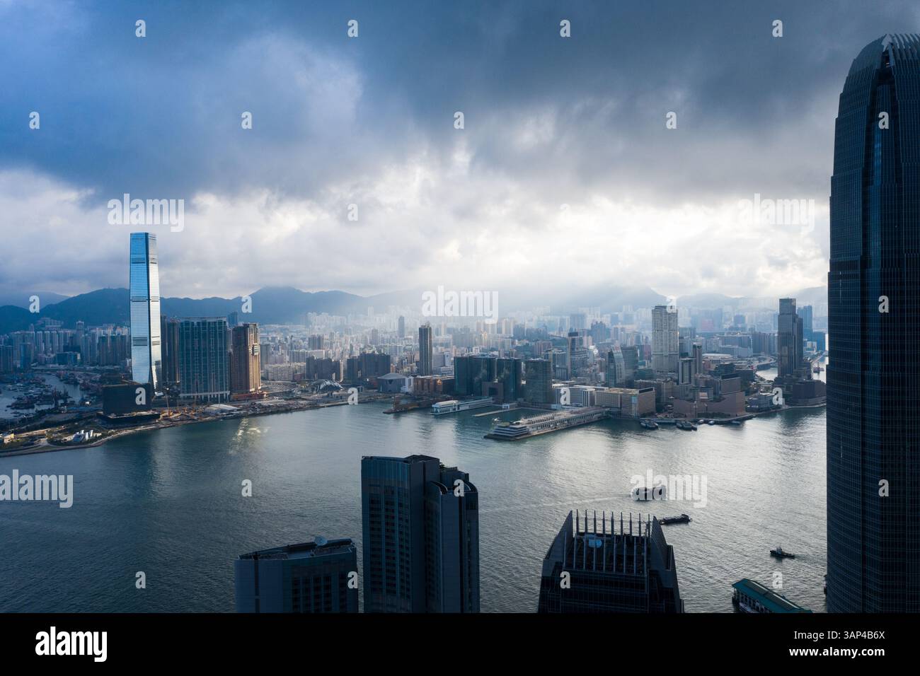 Aerial View of the IFC building in foreground and International Commerce Centre (ICC) in background,  Hong Kong, China. Stock Photo