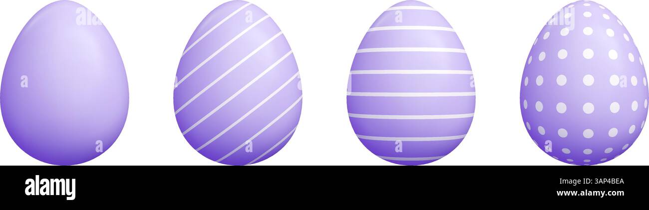Cartoon 3d Easter egg set - purple solid oval shapes decorated striped diagonal lines, cute polka dots patterns Stock Vector