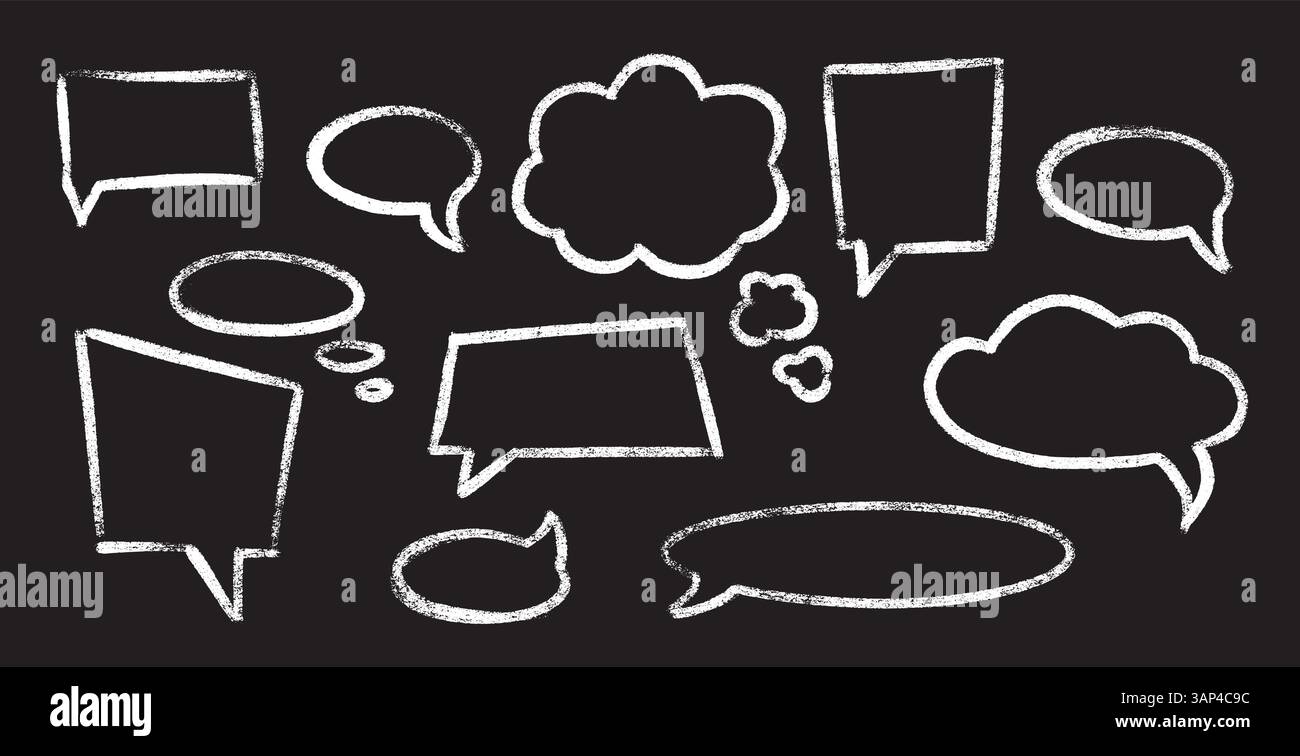 Crayon or chalk speech bubble set - hand drawn sketchy chat clouds, oval shapes dialog boxes, thought balloons Stock Vector