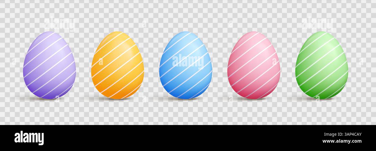 Pastel Easter egg 3d vector set - cartoon shapes with solid color, polka dots, strips and diagonal lines patterns Stock Vector