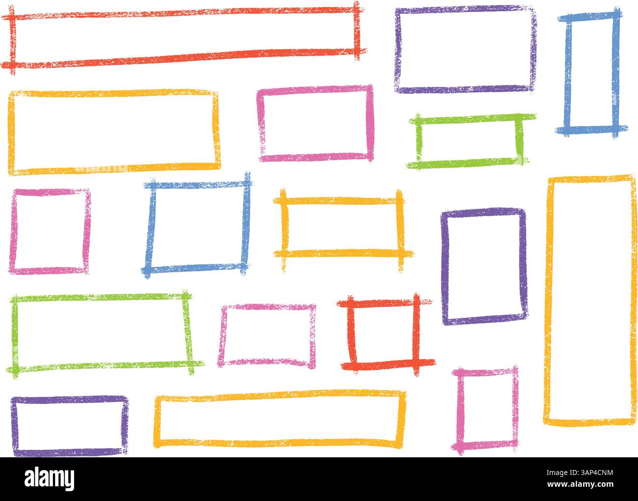 Rough crayon or chalk rectangle highlight set in pastel colors. Stock Vector