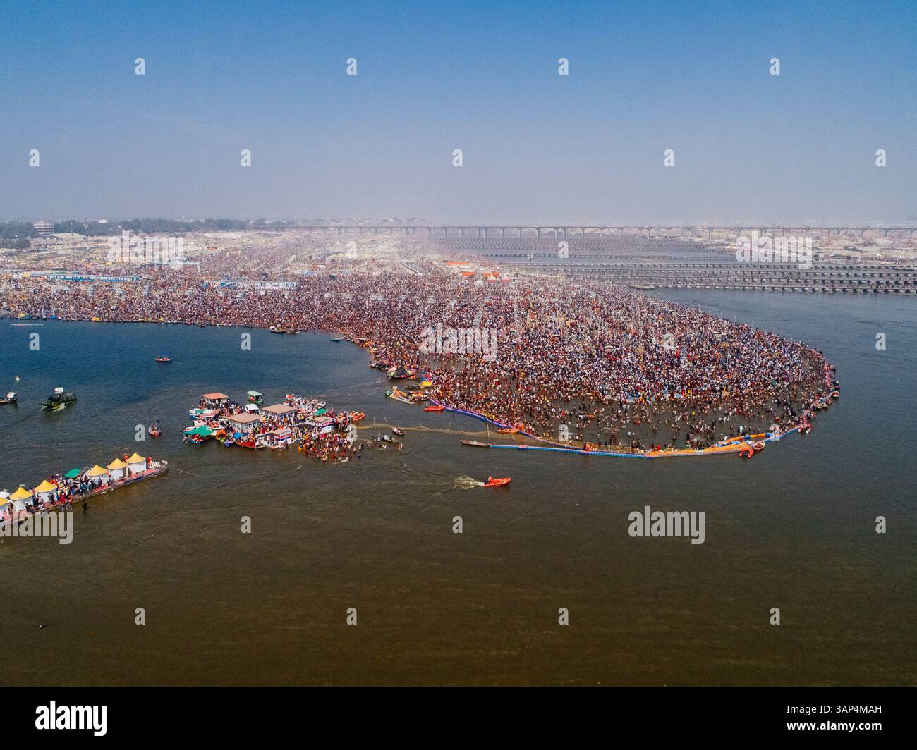 Prayag Raj View Aerial View of people gathering for Prayag Kumbh Mela along the Yamuna ...