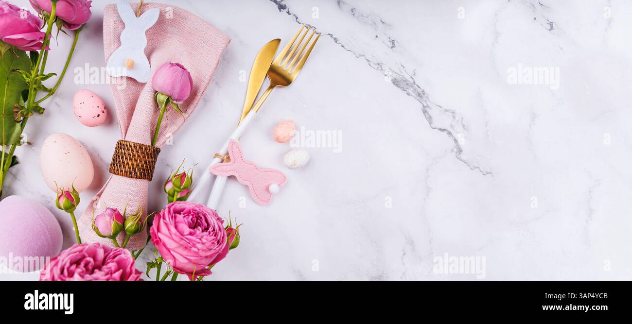 Minimal Easter Flat Lay with Bunny Ornament and Eggs Stock Photo