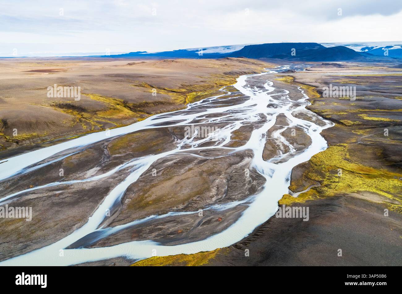 Aerial view of Jokulvisl glacial river, Hofsjokull glacier, highlands ...