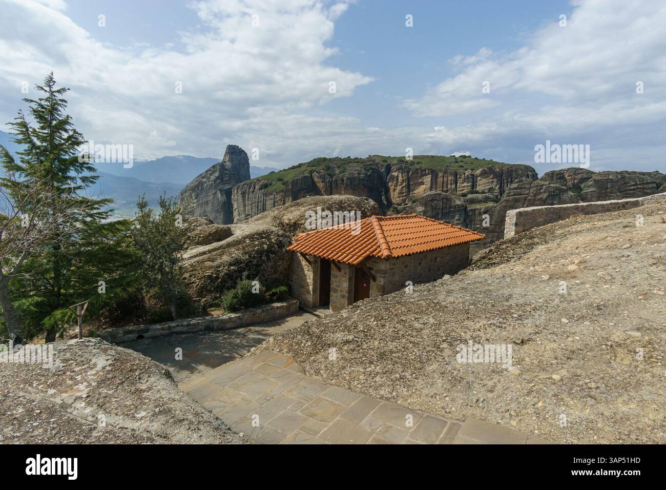 Famous rock formations of Meteora seen from Holy Trinity Monastery ...