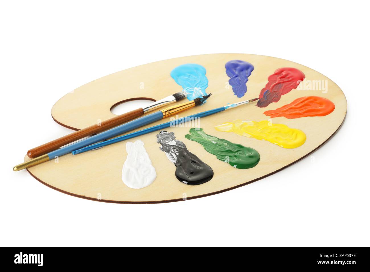 Wooden palette with paints and brushes isolated on white Stock Photo ...
