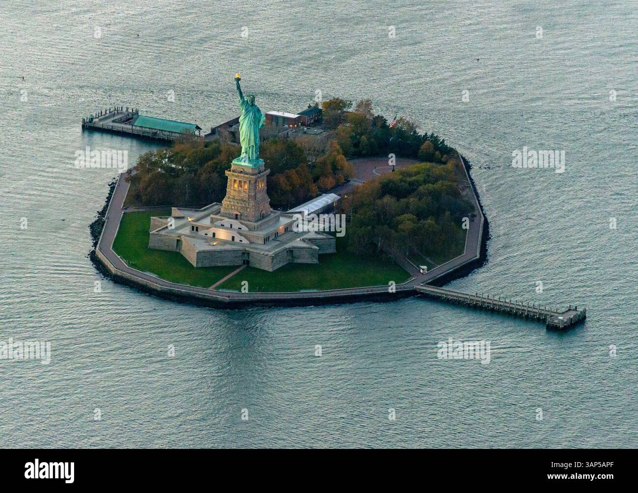 Aerial view of the iconic statue of liberty on liberty island ...