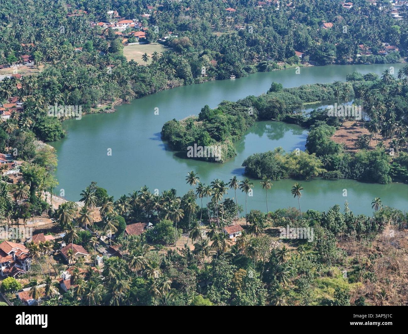 Aerial view of river Maha Oya with settlement and palm trees, Negombo ...