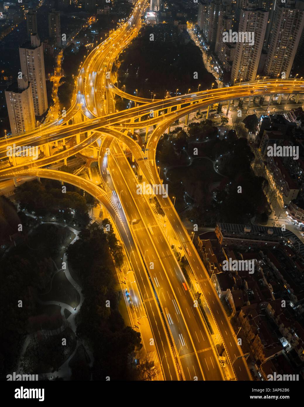 Aerial view of Yan An elevated road in Shanghai at night, China Stock ...