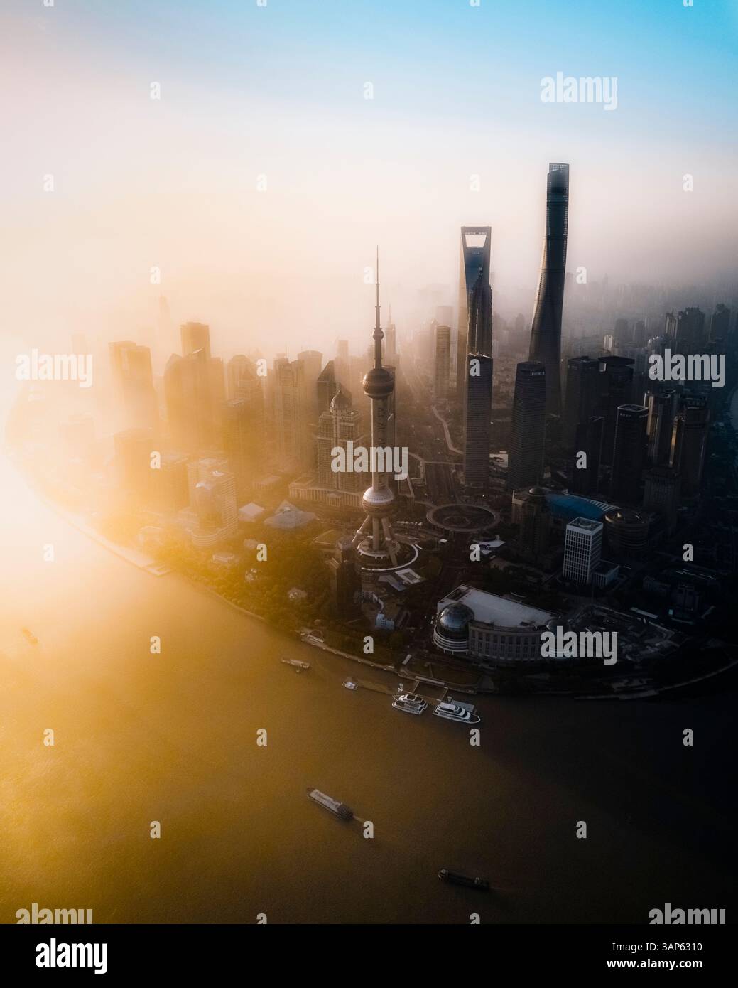 Aerial view of Shanghai skyline along Huangpu river, Shanghai, China ...