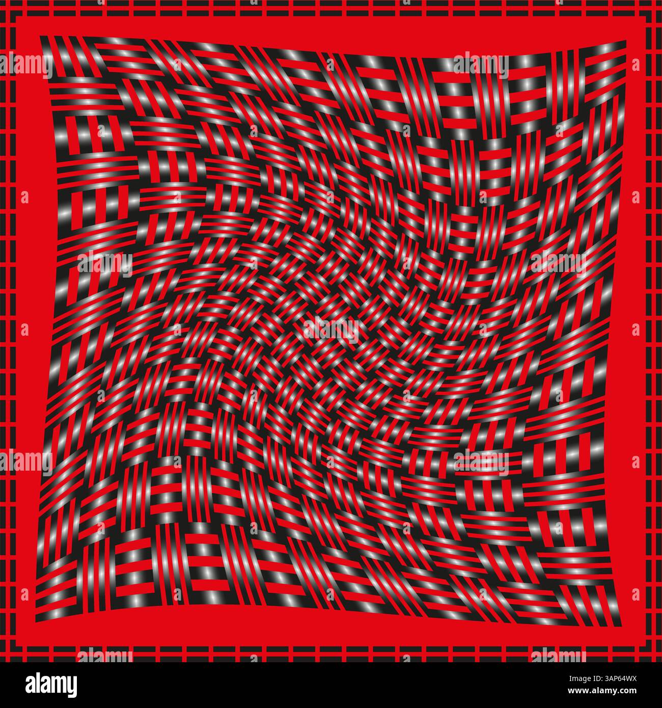 Woven red pattern. Vector optical illusion. Black white gradient. Red border frame. Stock Vector