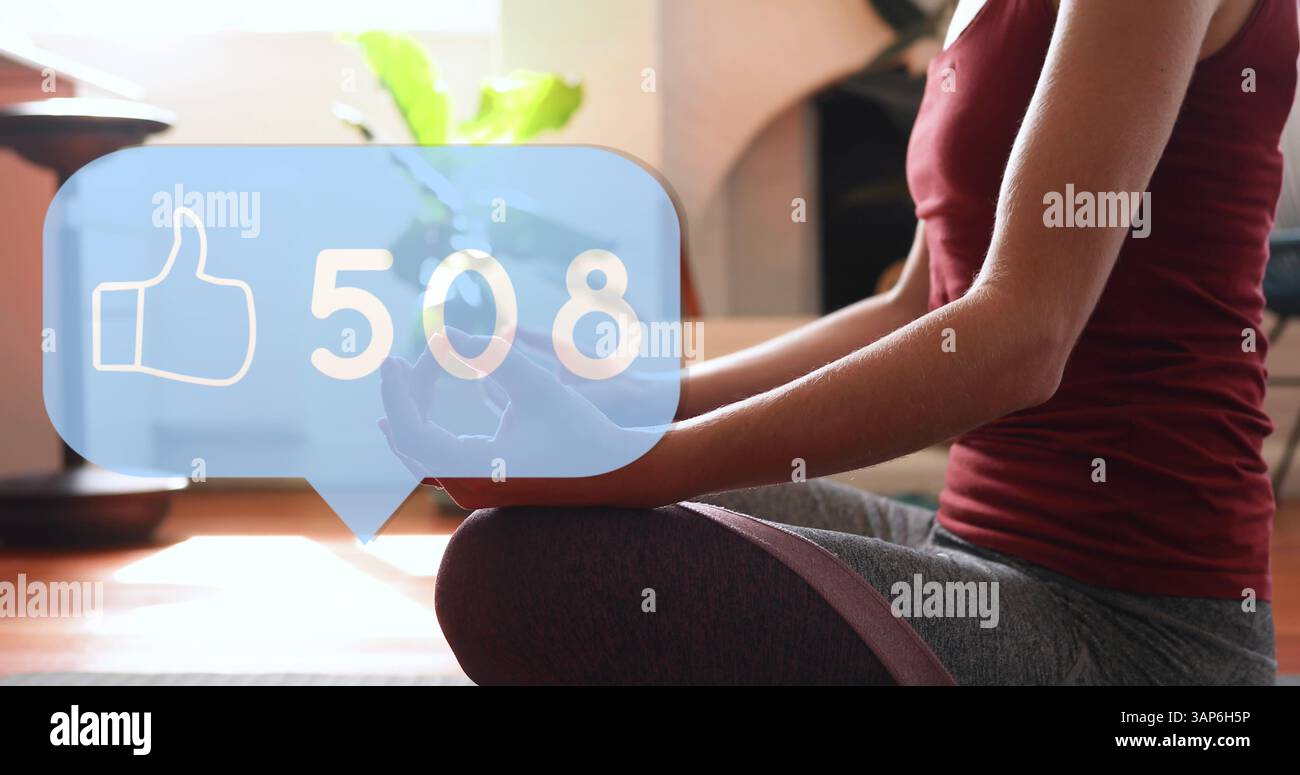 Image of media icon over caucasian woman meditating Stock Photo - Alamy