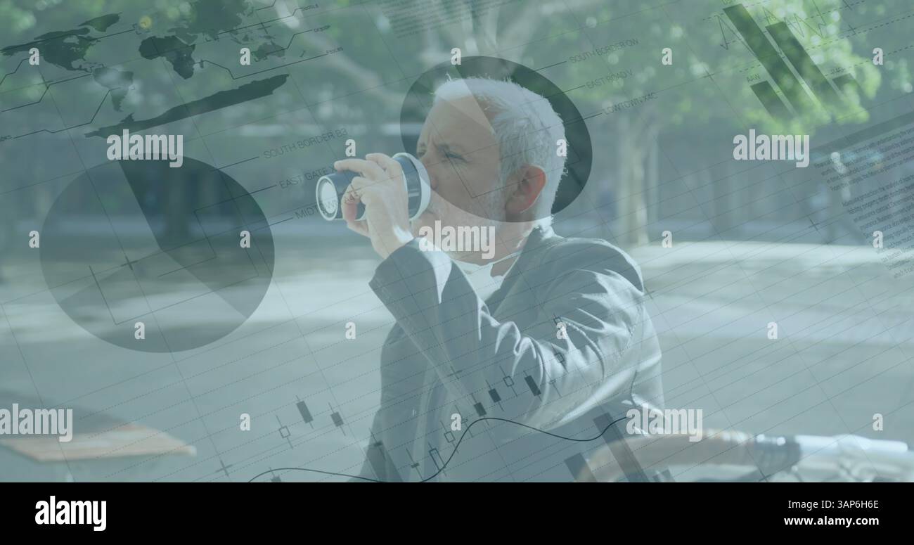 Financial data processing against senior businessman drinking coffee while sitting in corporate park Stock Photo
