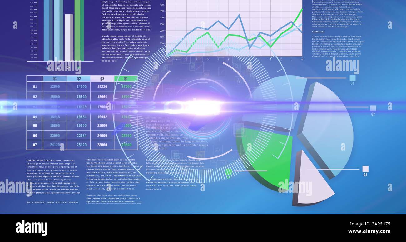 Image of light moving over processing circle on scientific graph and data Stock Photo