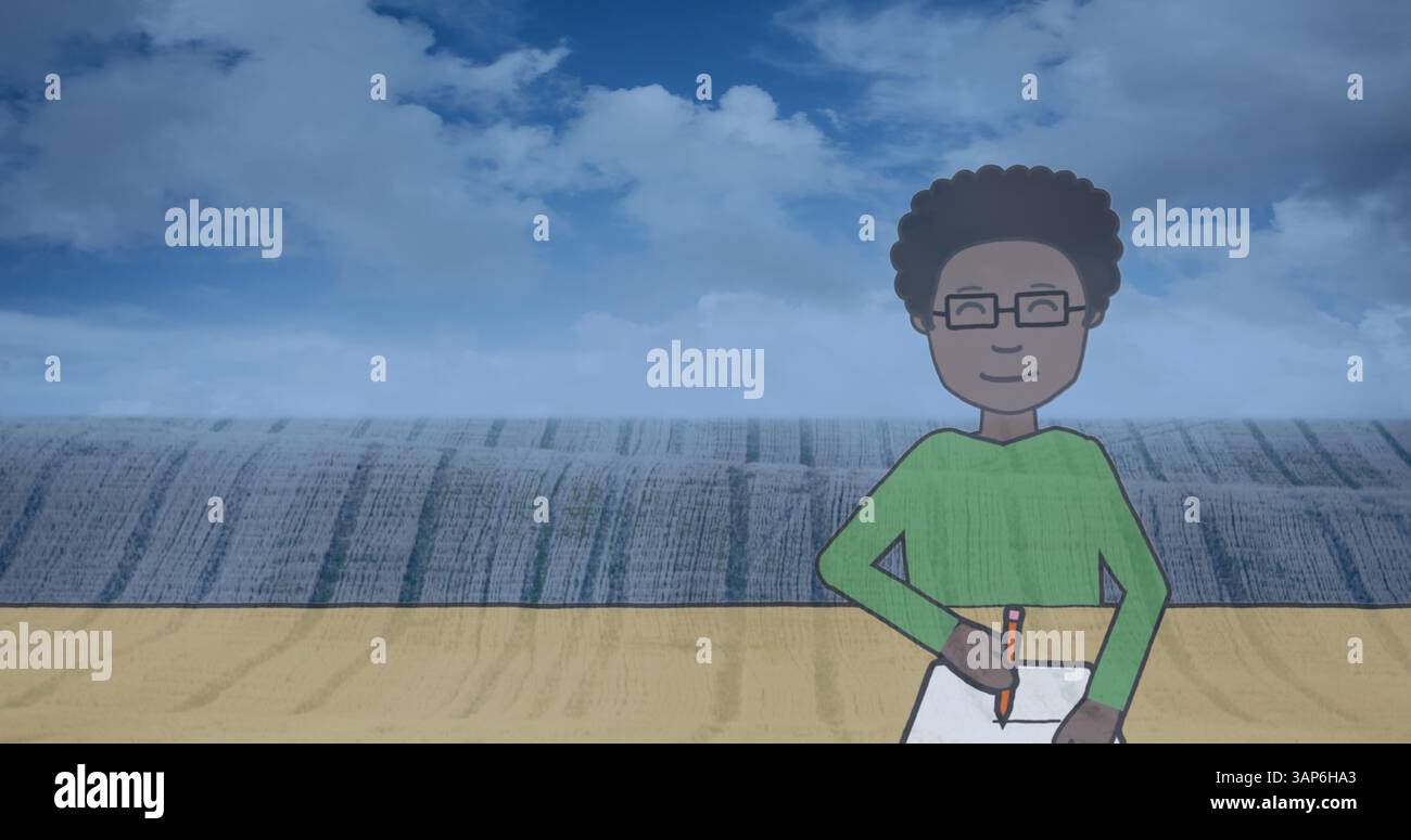 Image of african american boy writing on notebook over landscape in background Stock Photo