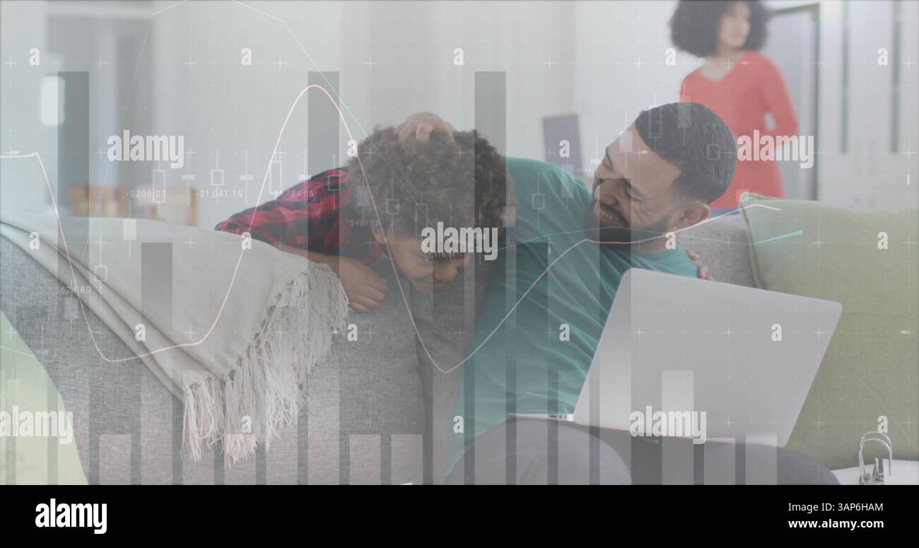 Image of statistics and data processing over man and son using laptop Stock Photo