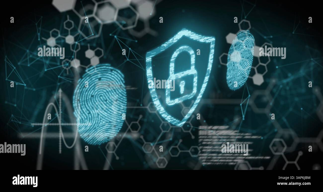 Image of biometric fingerprint and online security padlock over data processing Stock Photo