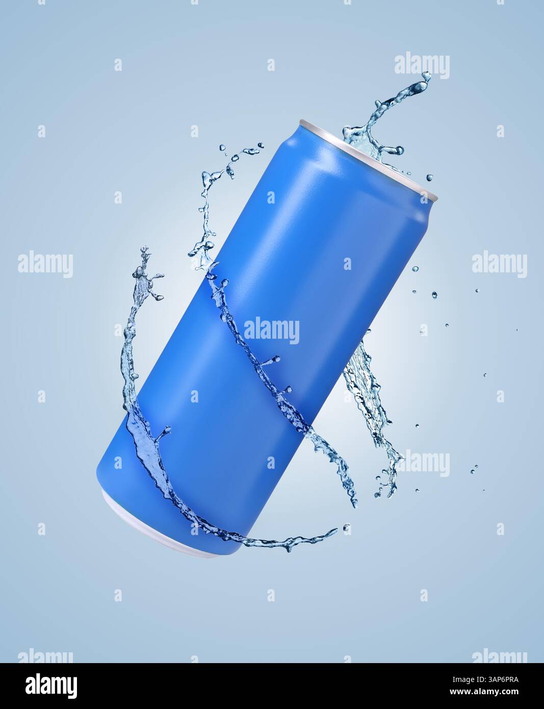 Tin can and splashes of water in air on light blue background Stock ...