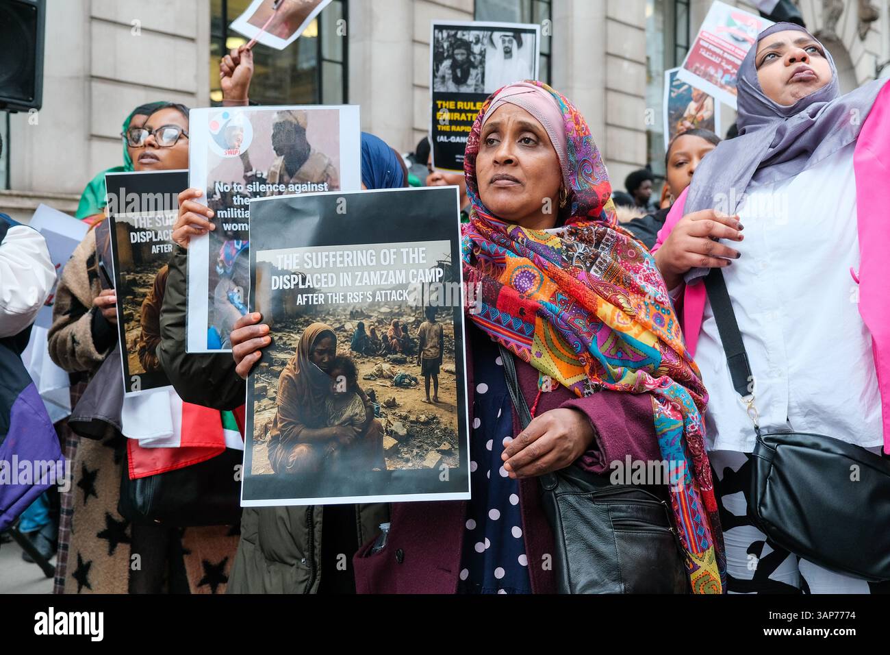 London, UK. 15th April, 2025. The Sudanese diaspora gathered outside the Foreign, Commonwealth, and Development Office (FCDO) ahead of a protest march to Lancaster House, where Foreign Secretary David Lammy hosted a 'Pathway to Peace' conference as civil war passes into its third year. Demonstrators highlighted atrocities committed by the Rapid Support Forces (RSF), critical of the United Arab Emirates' (UAE) funding of the paramilitary group, which the country continues to deny. Credit: Eleventh Hour Photography/Alamy Live News Stock Photo