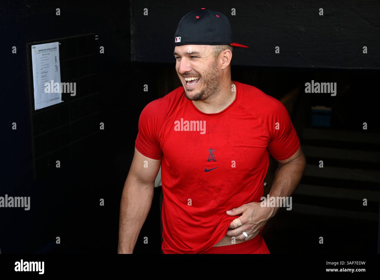 Los Angeles Angels outfielder Mike Trout has a laugh in the dugout ...
