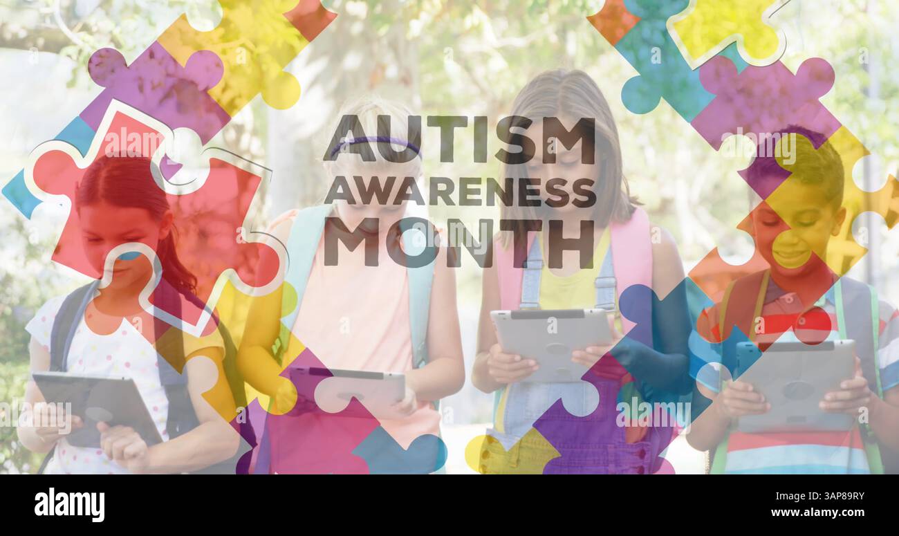 Image of colourful puzzle pieces and autism text over kids friends using electronic devices Stock Photo