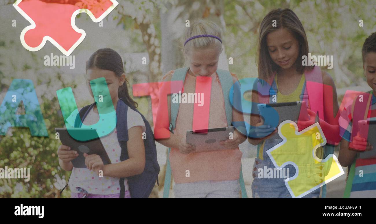 Image of colourful puzzle pieces and autism text over kids friends using electronic devices Stock Photo