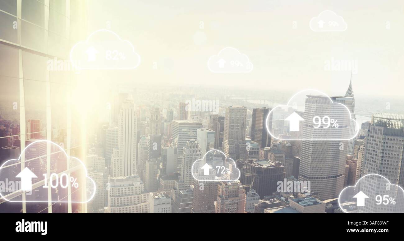 Image of digital clouds with percent going up over cityscape Stock Photo