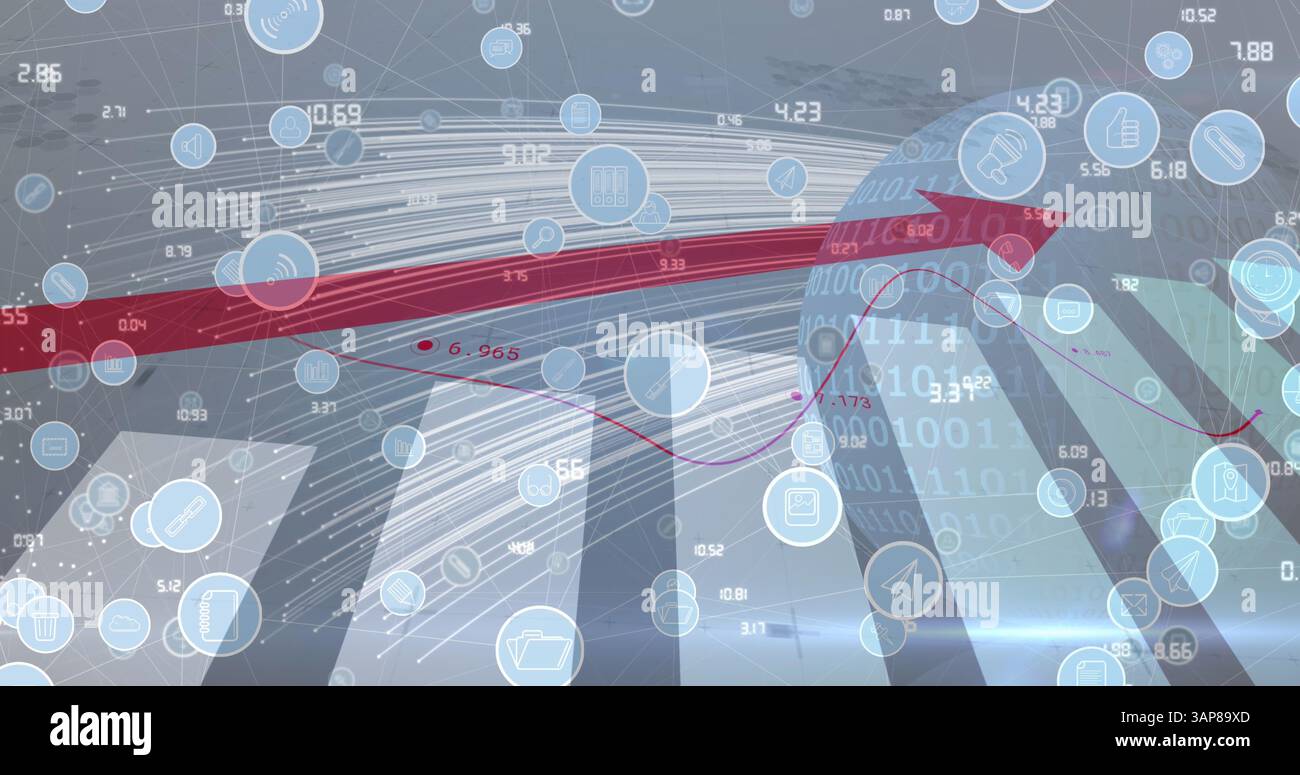 Image of red arrow with statistics processing over cityscape Stock Photo