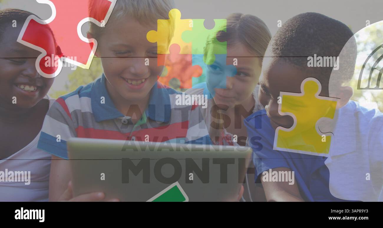 Image of colourful puzzle pieces and autism text over children using tablet Stock Photo