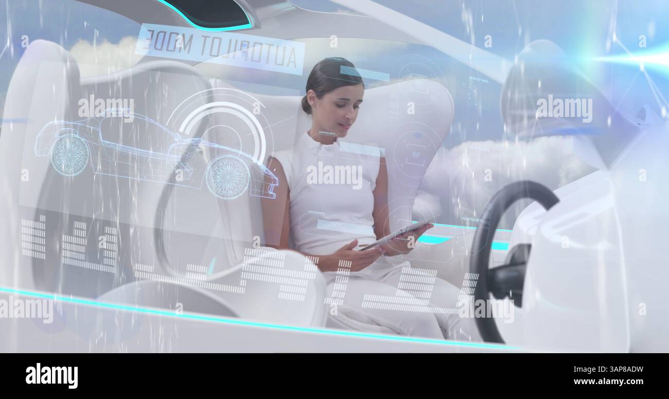 Image of data processing over woman using tablet in self drive car Stock Photo