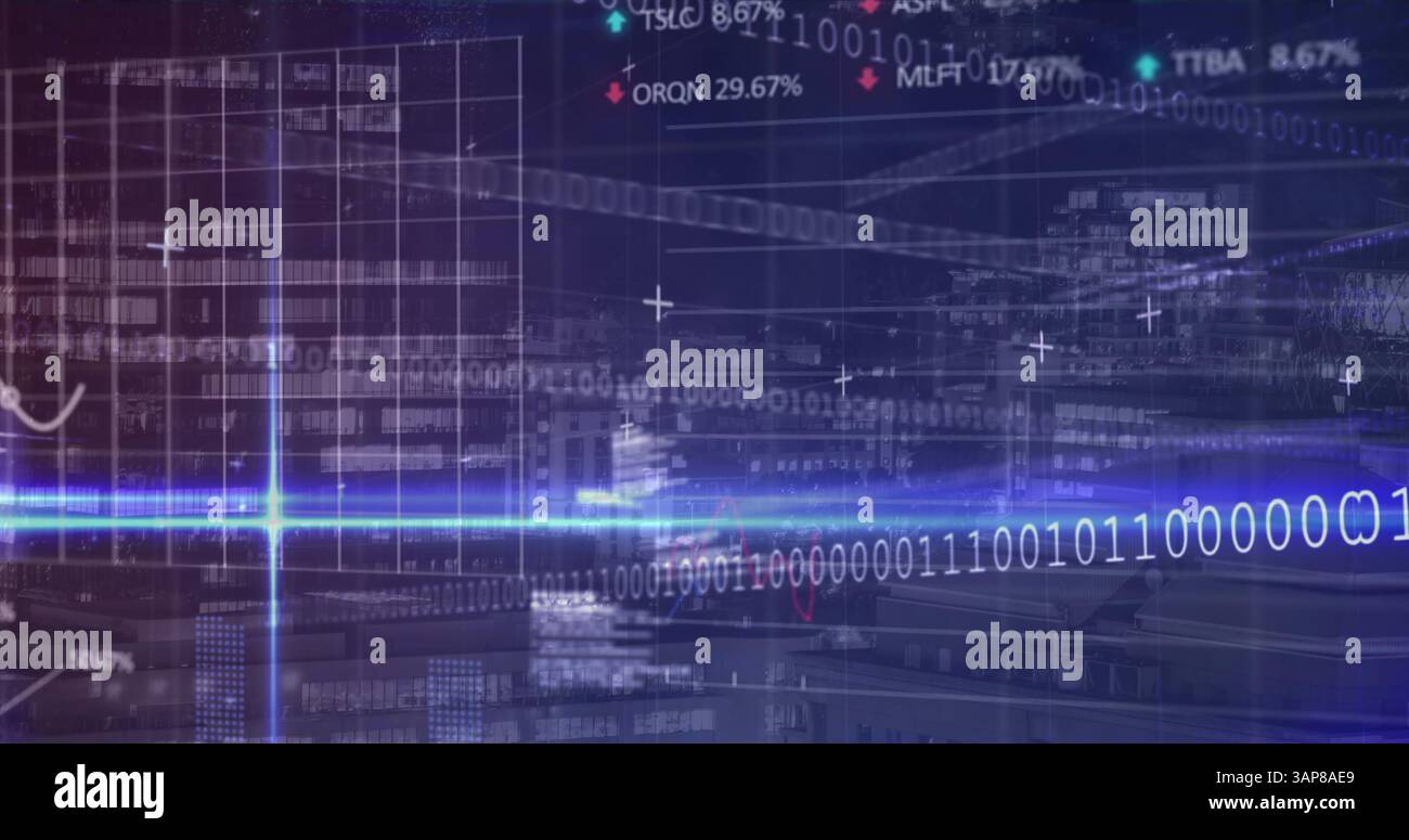 Image of statistics, binary coding and financial data processing over grid Stock Photo