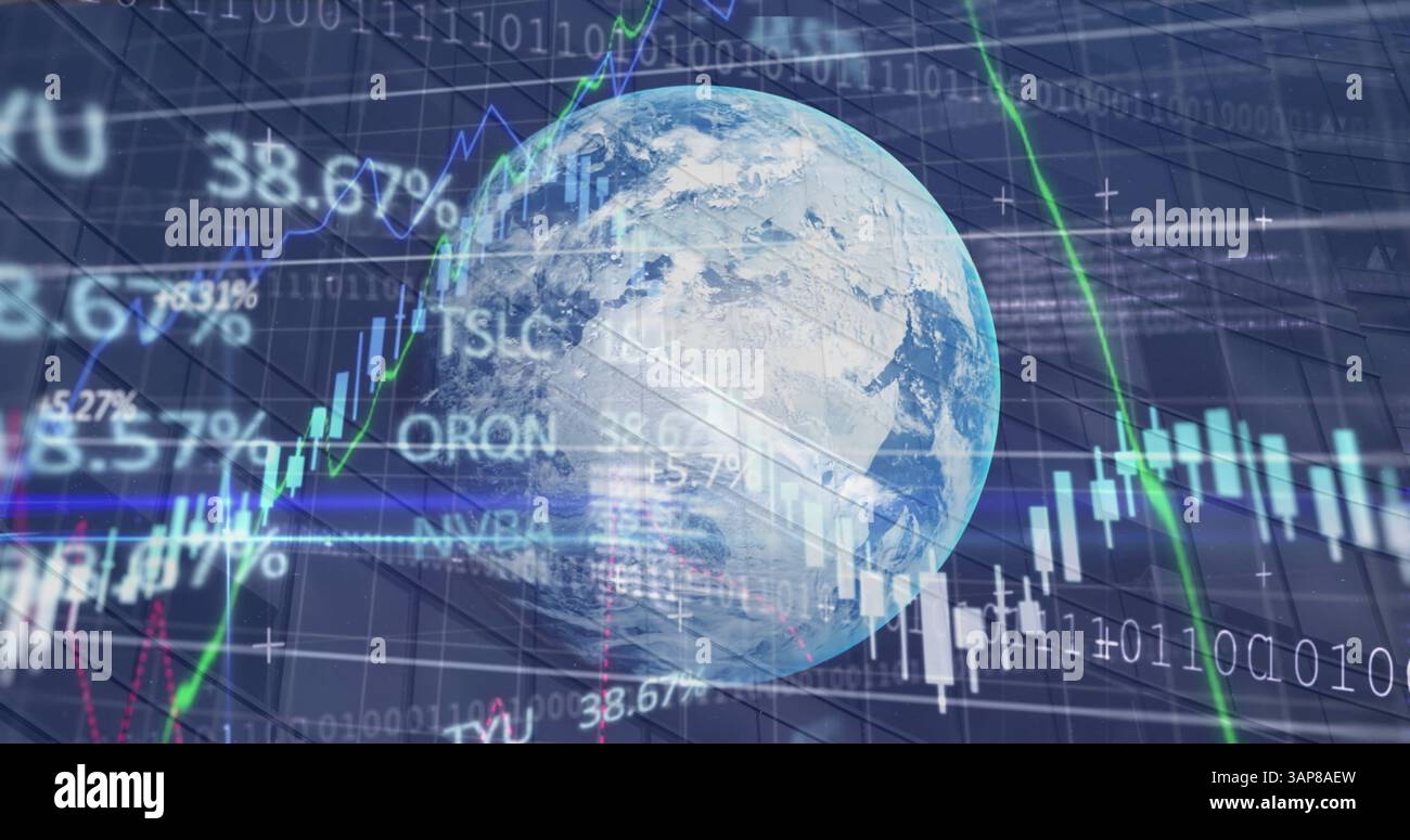 Image of statistics and binary coding, data processing over globe Stock Photo