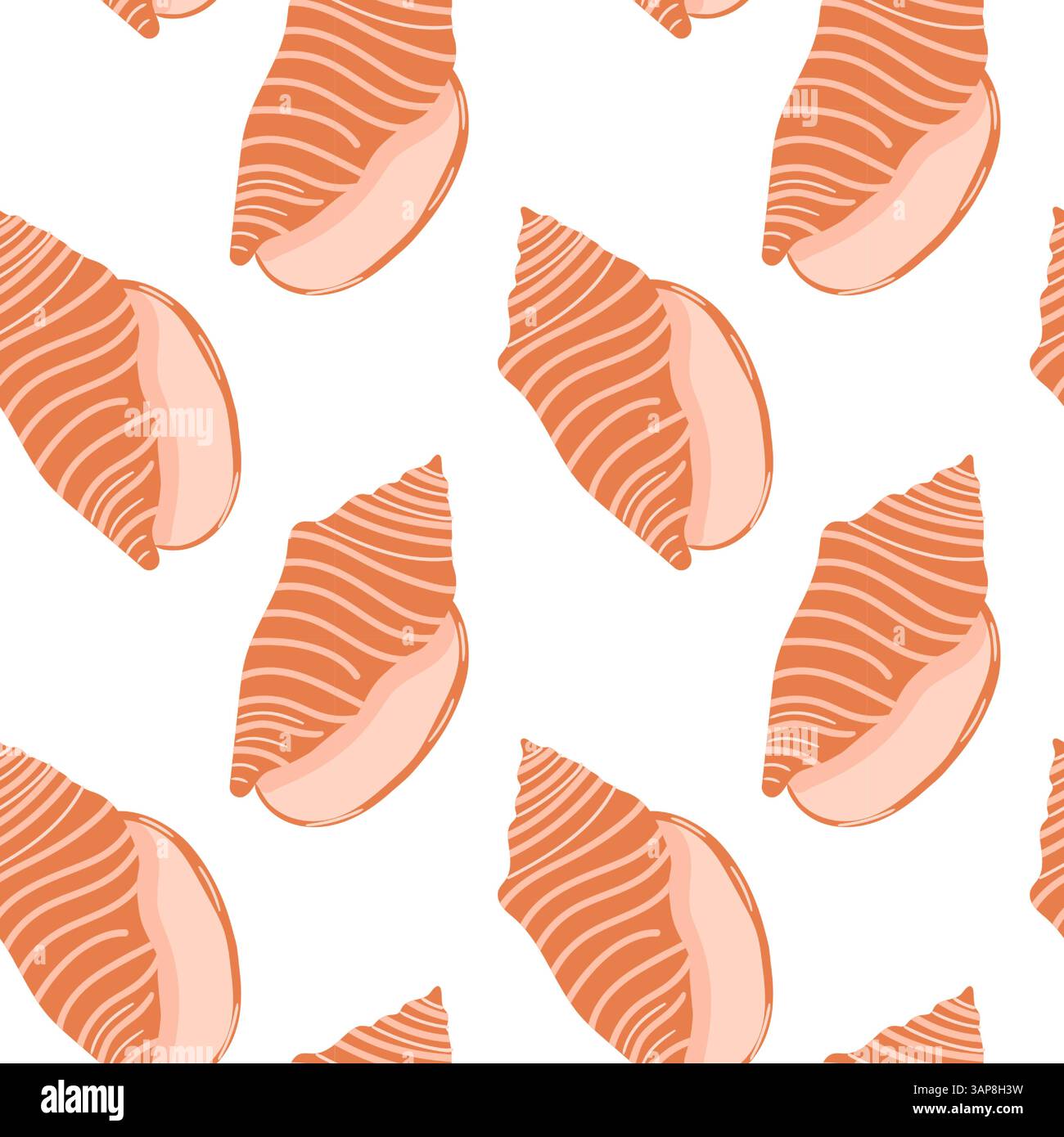 Digital pattern featuring orange striped shells on a white background Stock Vector