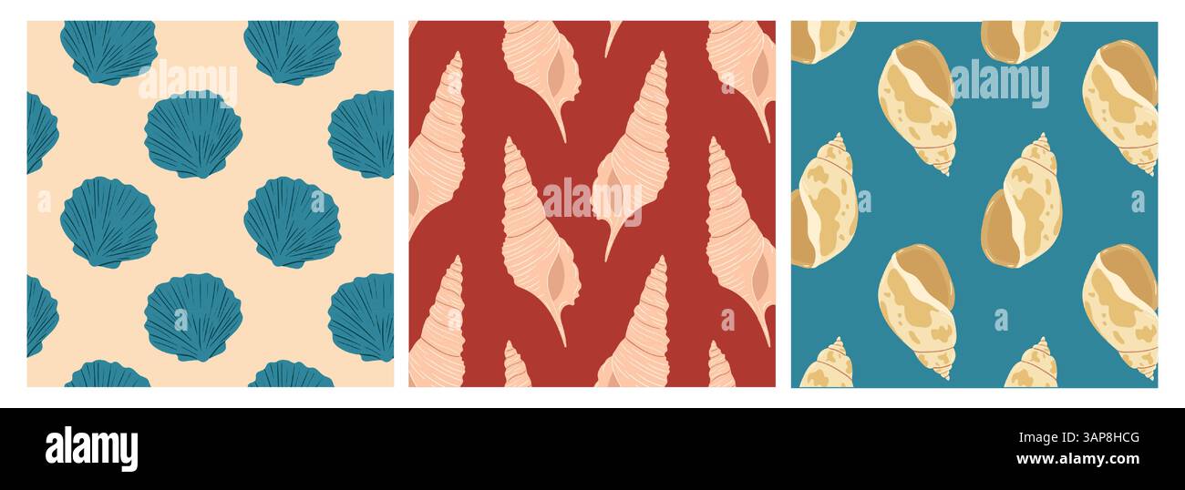Beautiful coastal patterns featuring shells and sea elements with vibrant colors and designs Stock Vector