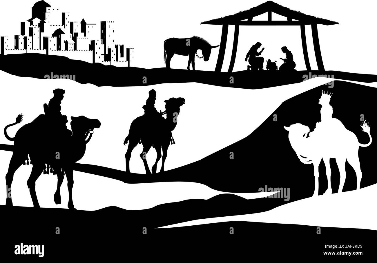 Christmas Nativity Scene Bethlehem Manger Wise Men Stock Vector Image ...