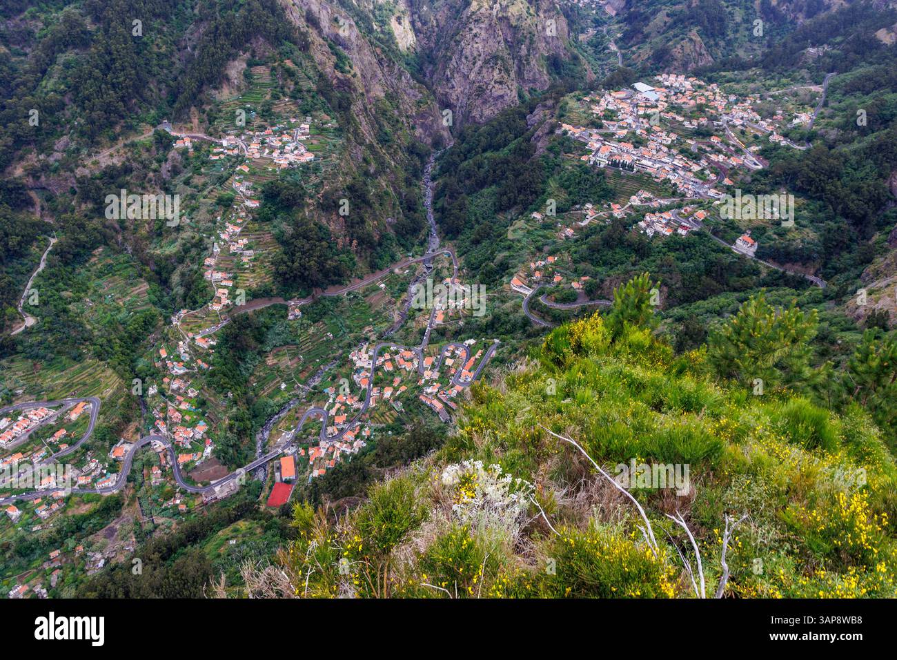 Aerial view from Miradouro da Eira do Serrado, viewpoint over Valley of the Nuns - Curral das Freiras, Madeira Island, Portugal Stock Photo