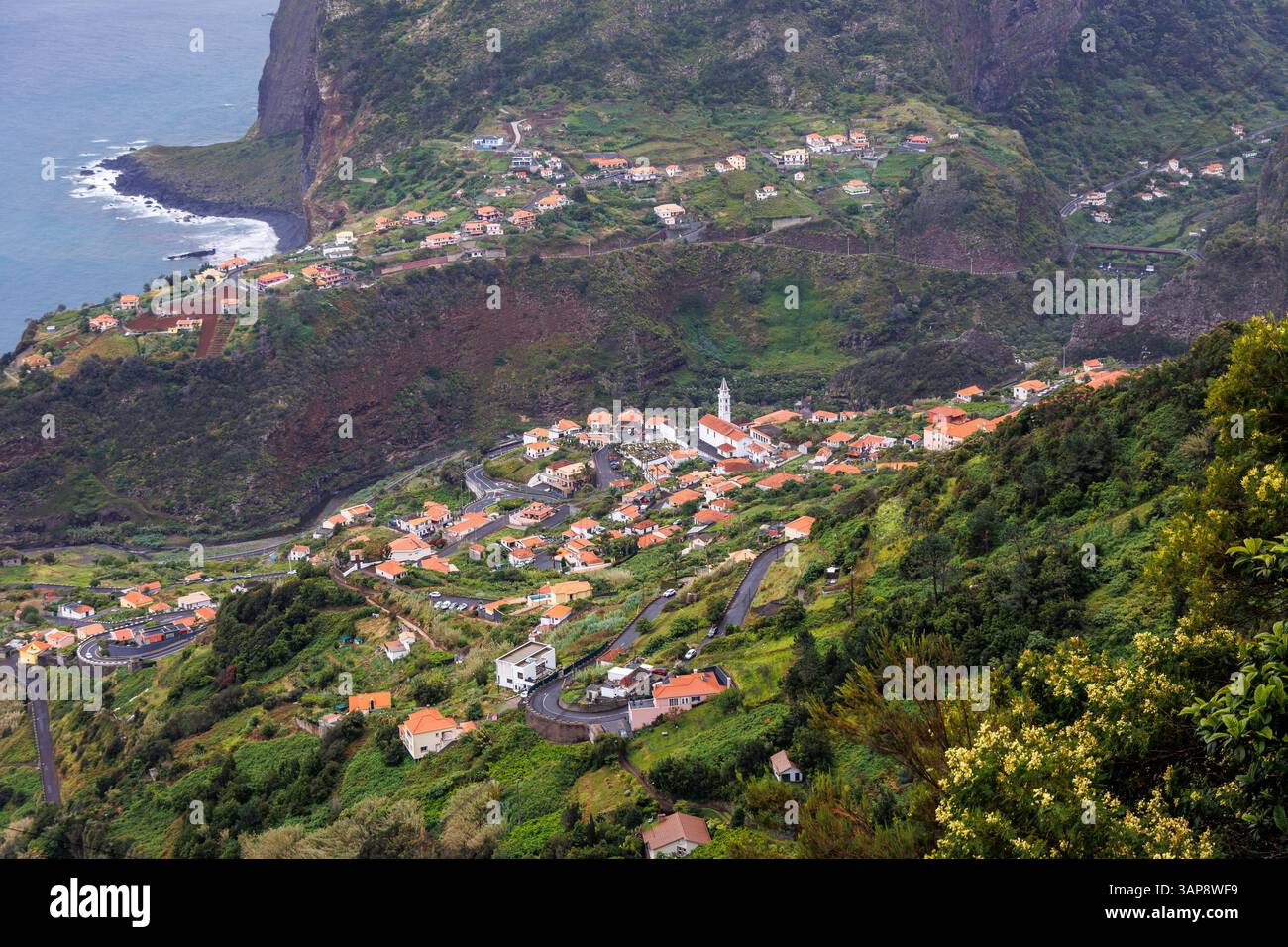 Aerial view of Faial civil parish in the Madeiran municipality of Santana on Madeira Island, Portugal Stock Photo