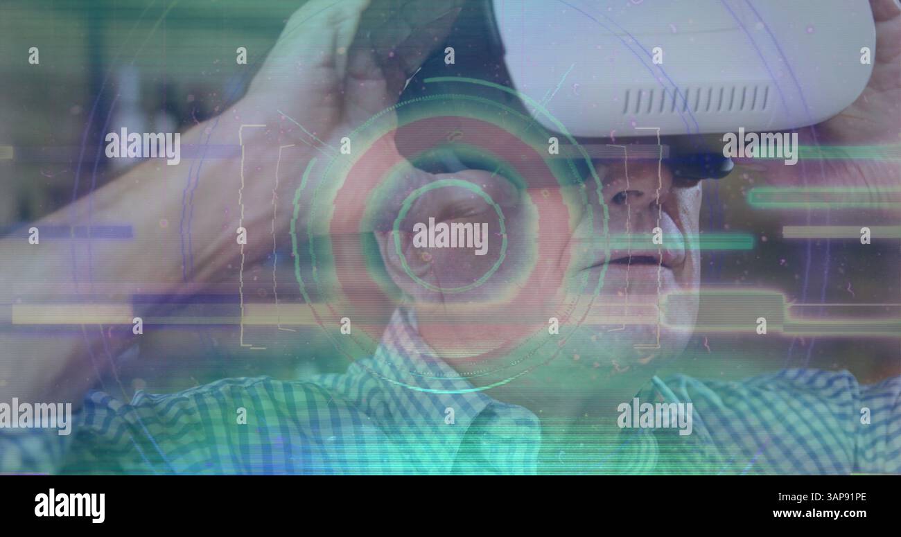 Image of scope scanning and data processing over man wearing vr headset Stock Photo